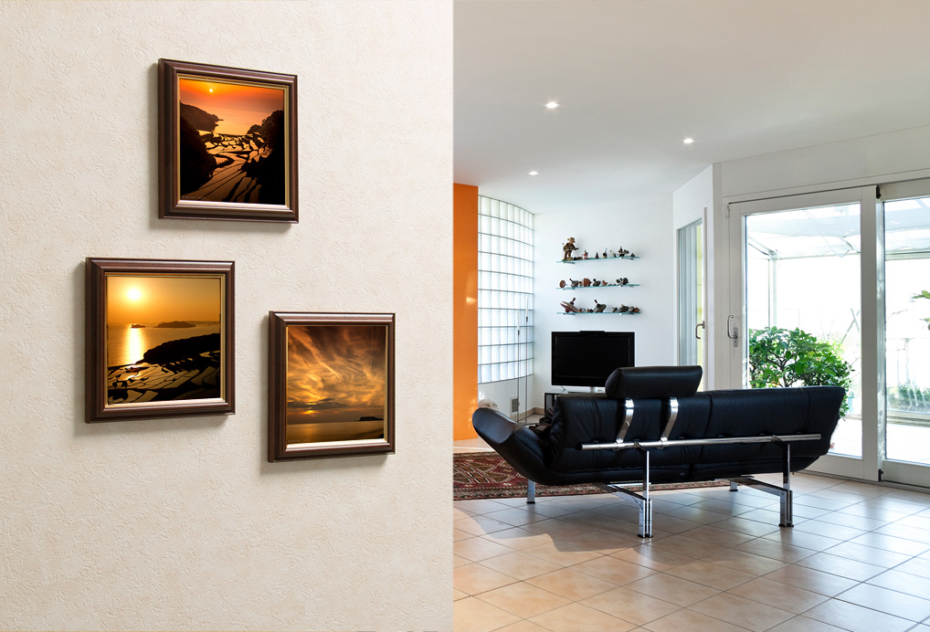 framed novelty photos on wall in living room